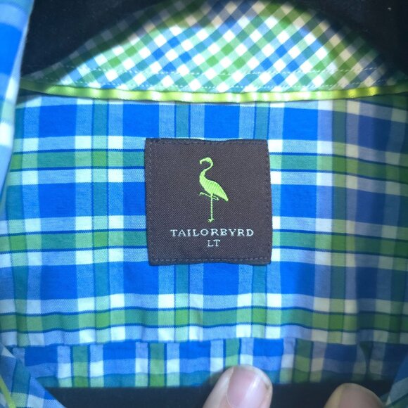 Tailorbyrd Large Tall Blue Green Plaid Short Sleeve Button Down Shirt Mens - Picture 3 of 8